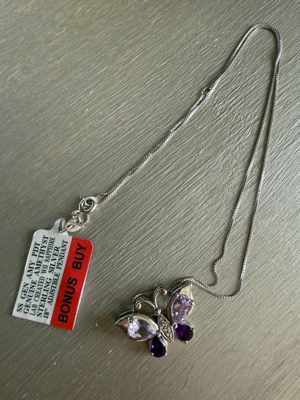 Sterling Silver Butterfly Pendant Necklace w/amethyst and sapphires